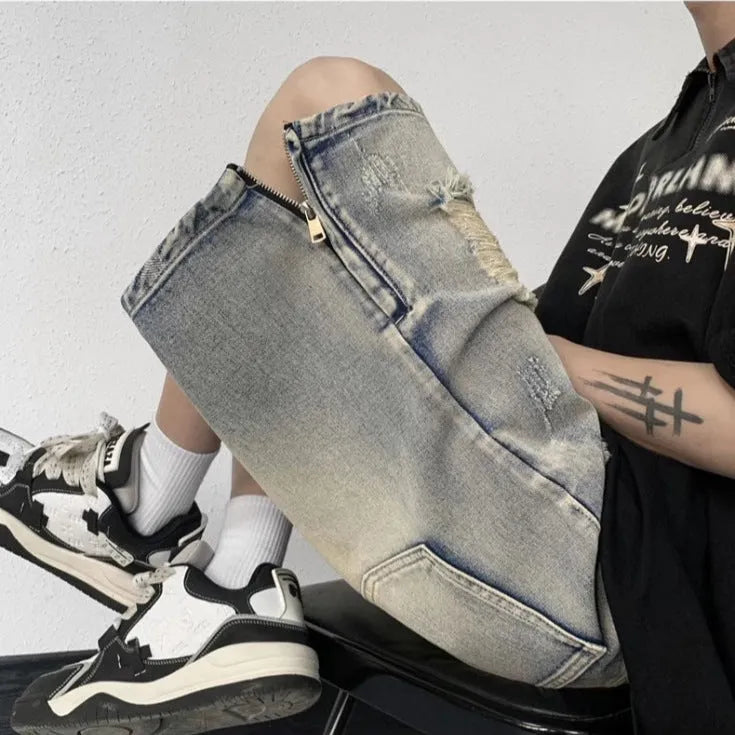 Blue retro distressed denim shorts with wide-leg loose fit on Asian size mannequin