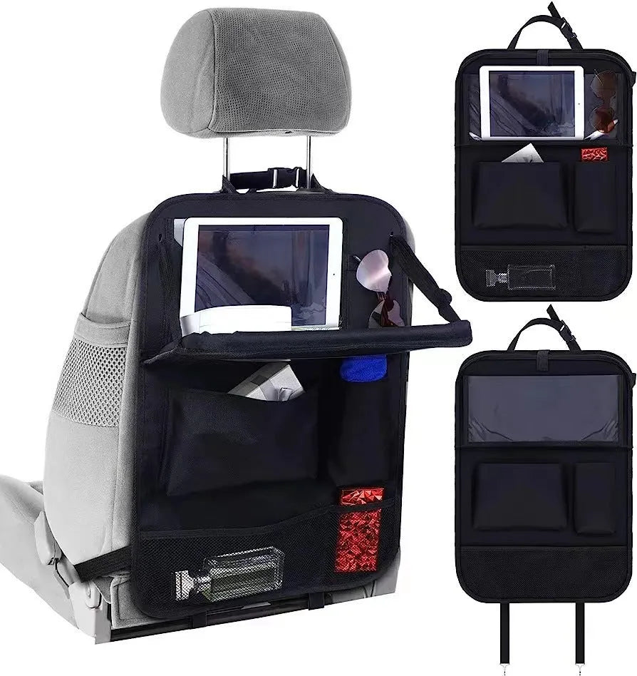 Black Oxford cloth car seat back buggy bag measuring 42x30cm hanging behind headrest