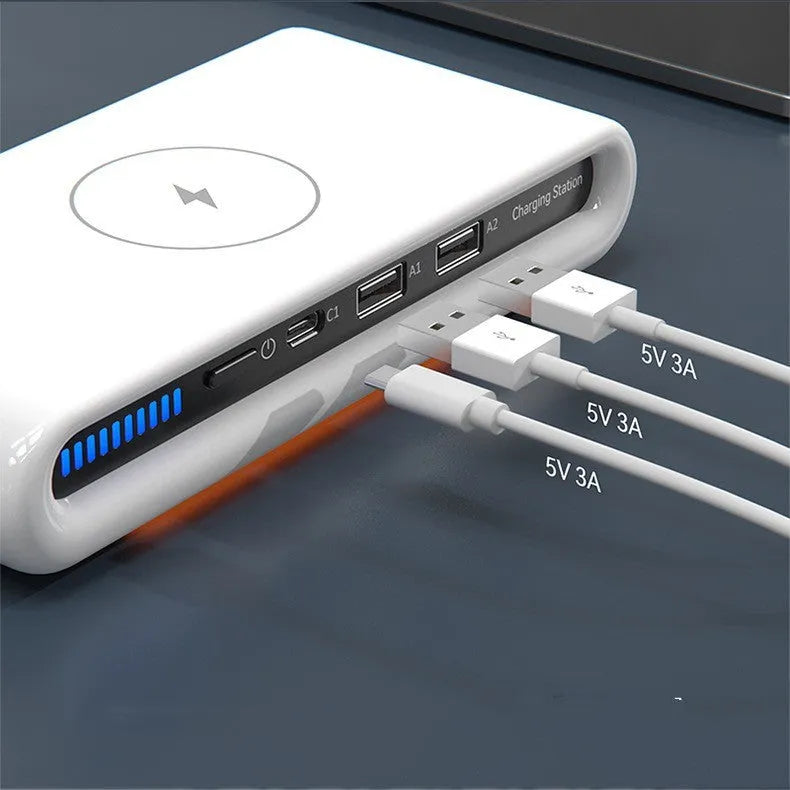 White desktop wireless charger with ambient lighting showing phone charging and colour illumination