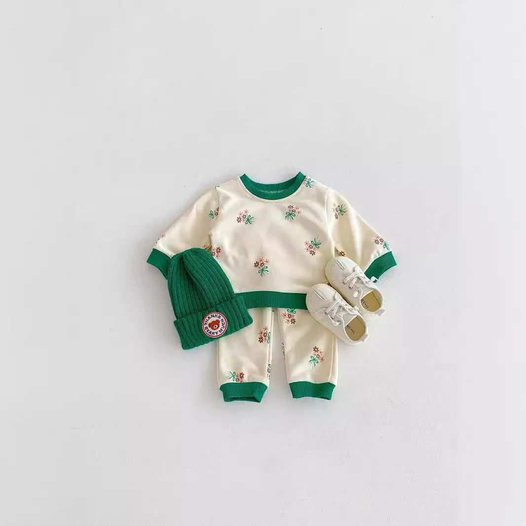 Baby western style small flower suit green cotton long sleeve shirt and pants set pullover