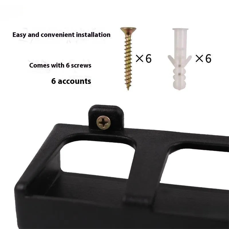 ABS plastic wall mounted fishing rod holder in black with self-tapping screws for upright or horizontal rod storage