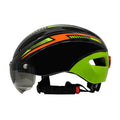 Adult unisex bicycle helmet in black with integrated taillight and goggles restraint