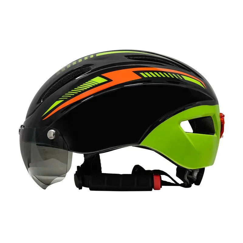 Adult unisex bicycle helmet in black with integrated taillight and goggles restraint