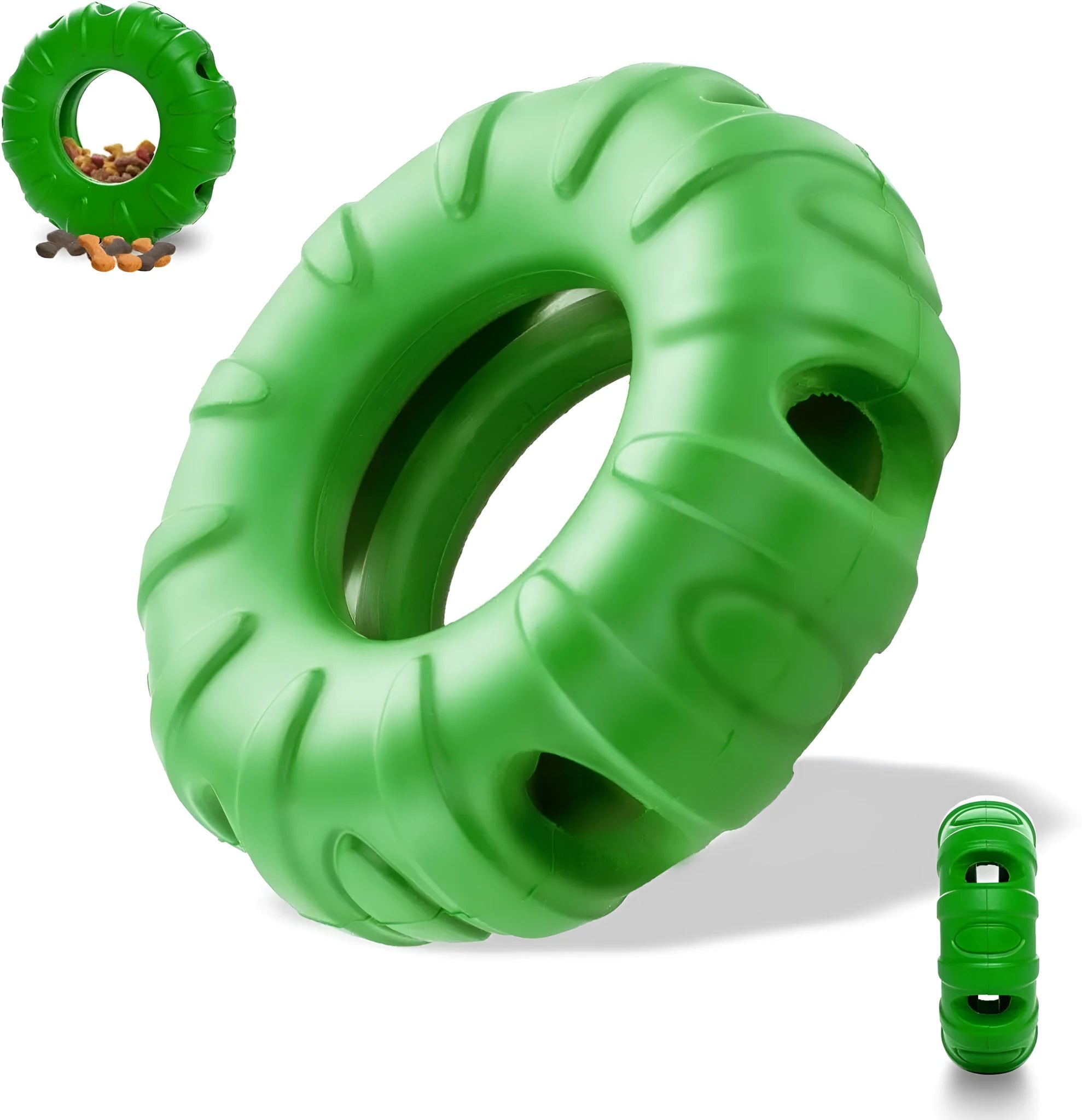 Blue rubber tyre dog chew toy with oval openings for food dispensing