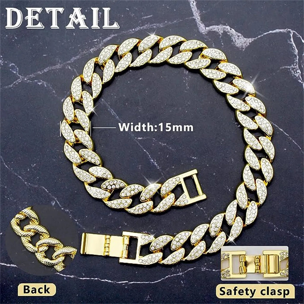 Pet dog collar necklace with diamond-style detailing, Cuban link chain, gold or silver, 20cm to 70cm