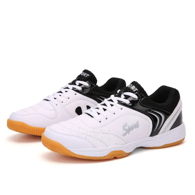 Men's outdoor badminton casual sports shoes, PU upper, rubber sole, flat heel, white black colour, low top