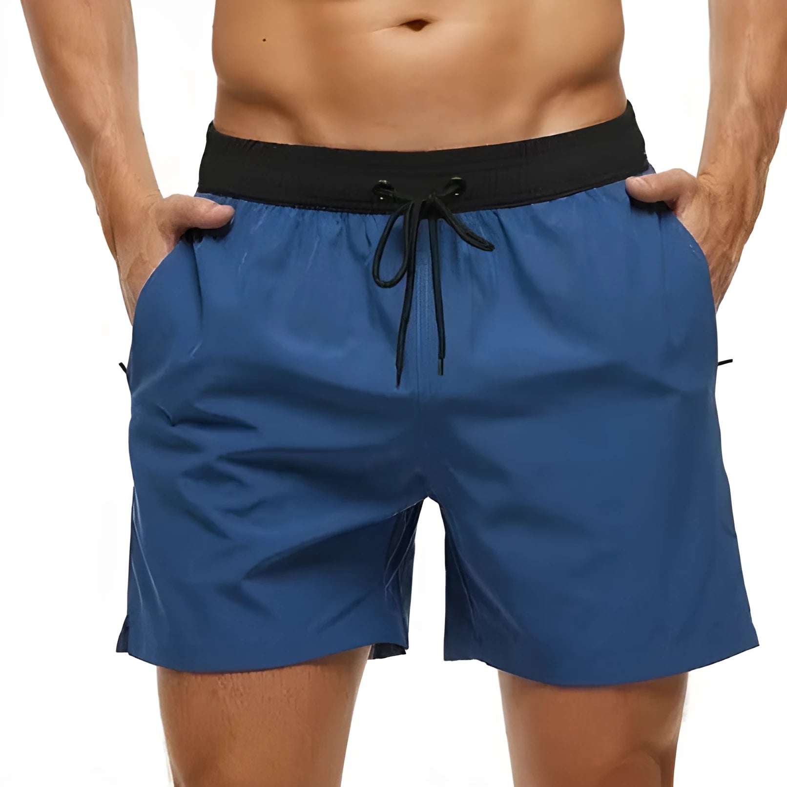 Men's blue running shorts with zipper pocket and drawstring waist detail for fitness activities