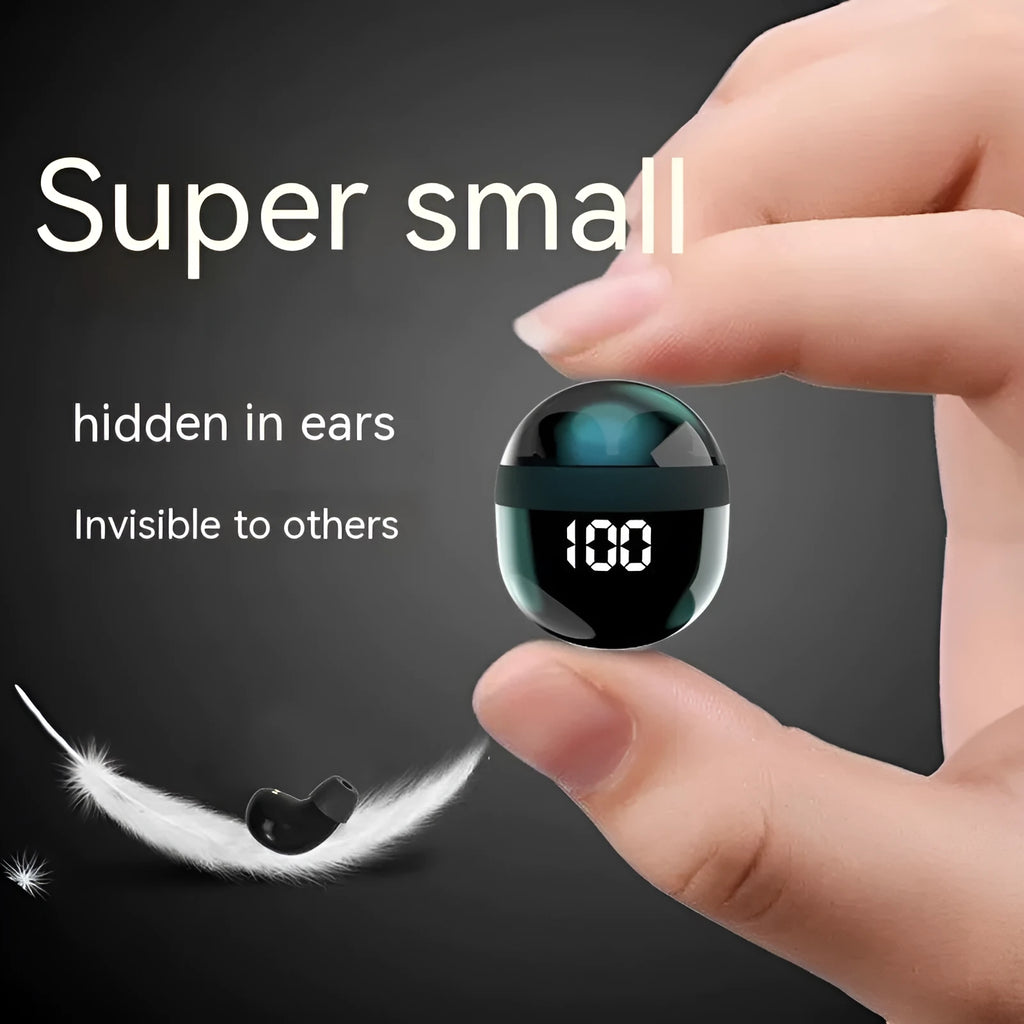 Sports TWS in-ear Bluetooth headset in black with digital display showing battery level