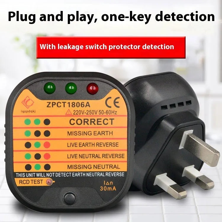 Black socket tester with three prongs and LED indicators for UK EU US wiring fault detection