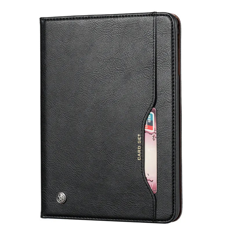 Apple iPad kneading leather flip protective cover in black showing shockproof and heat dissipation features