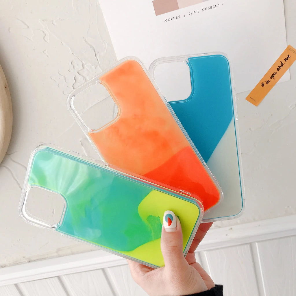 Luminous glitter quicksand iPhone case with TPU rear cover in Green Yellow, Blue White, Orange Yellow, Purple Pink, Black and White