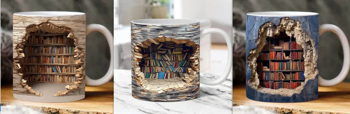 3D bookshelf ceramic mug with handle, library print, 350ml capacity, 9.8x8cm