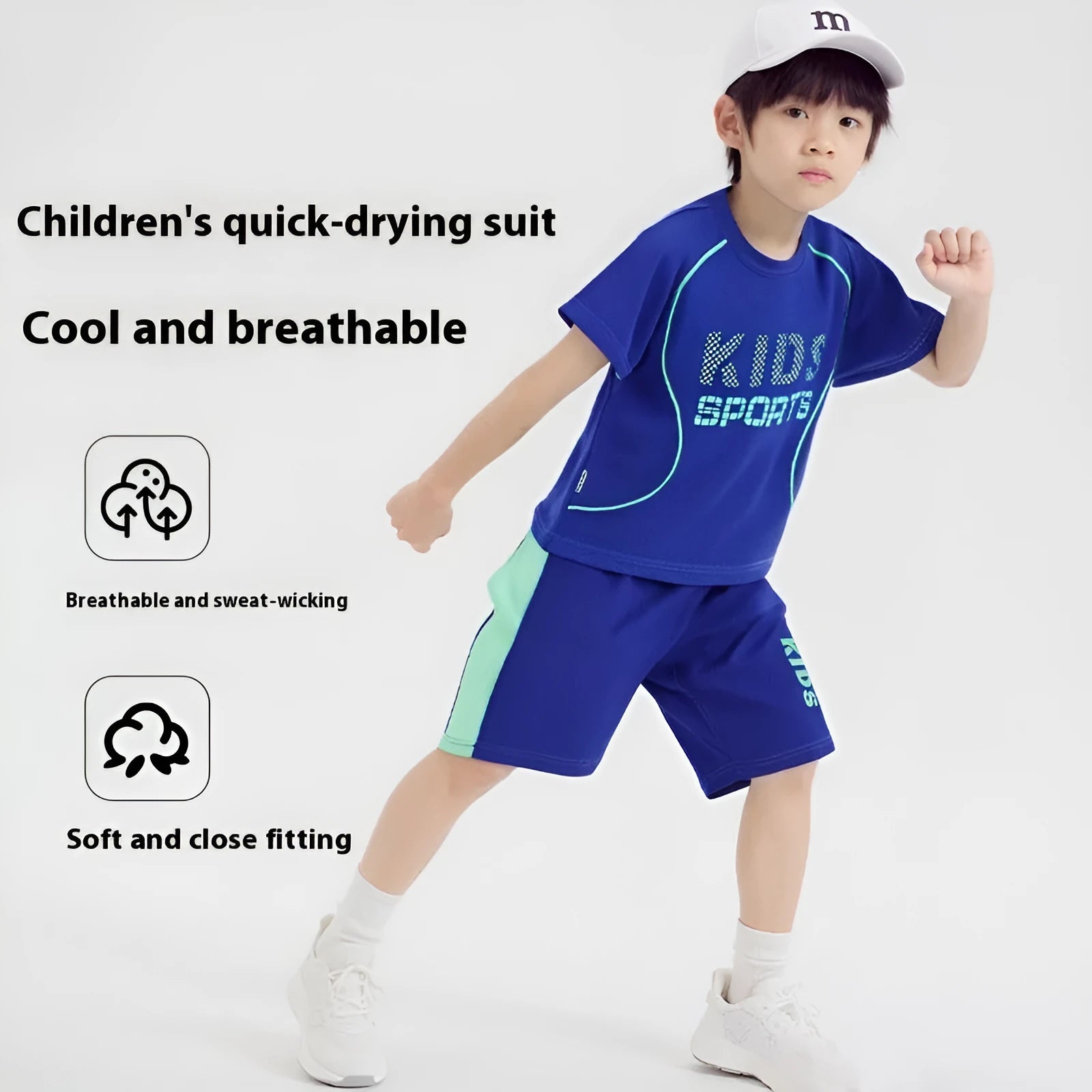 Children short-sleeved sportswear set with letter print, polyester blend, available in multiple colours for boys and girls