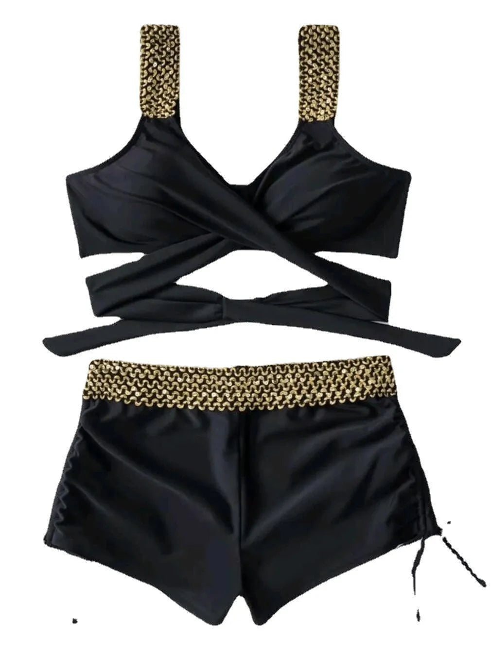 Women's black high waist bikini set with nylon bra top and high waist shorts