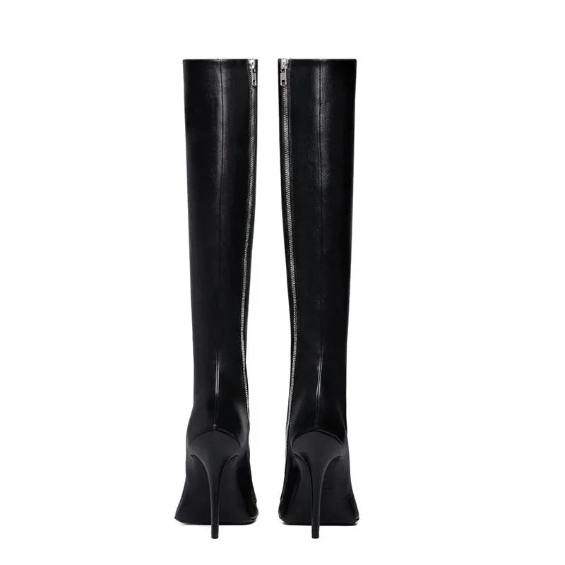 Black women's knee-high stiletto boots with pointed toe, side zipper, artificial PU upper, and rubber sole