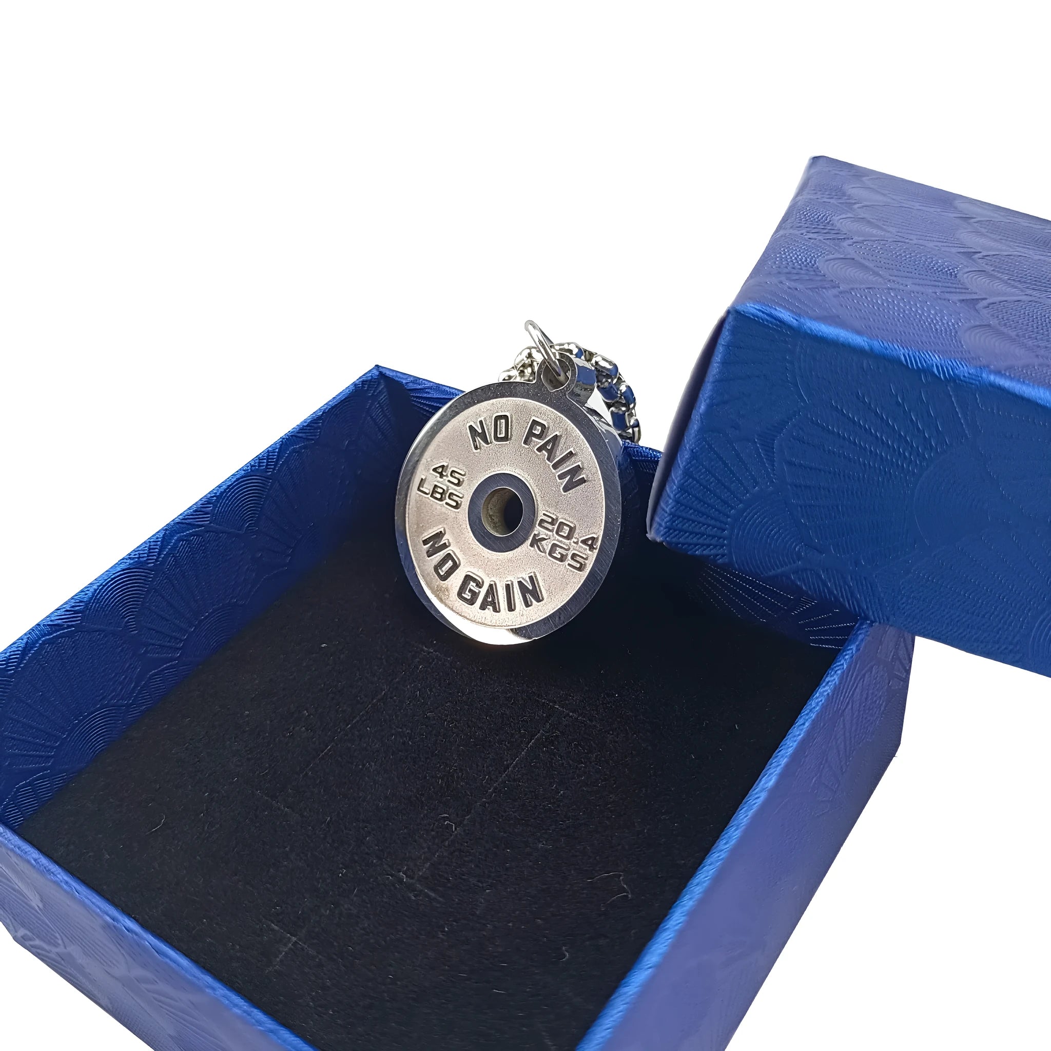 Stainless steel barbell disk pendant necklace with geometric sports design on 60cm chain