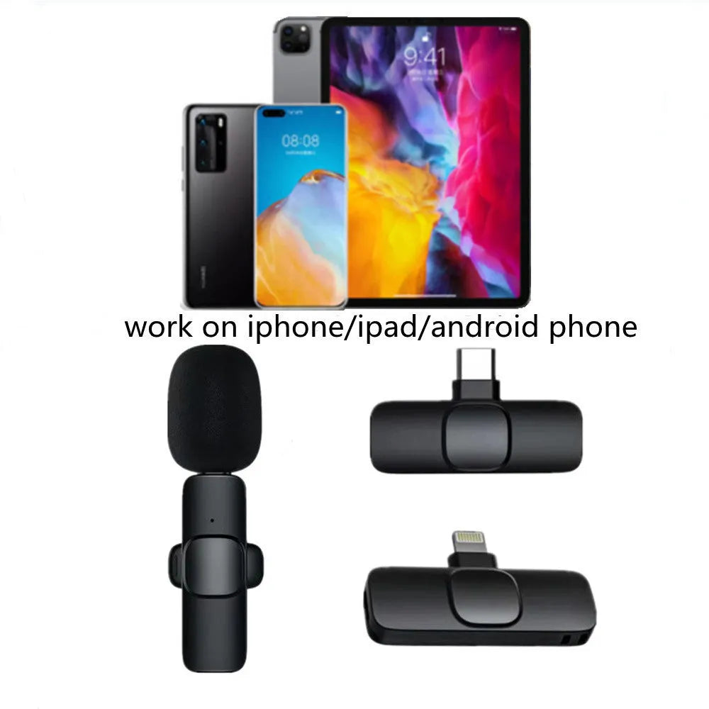Wireless lavalier microphone and receiver set with 62x23x28mm mic, 45x27x7mm receiver, for iPhone Android recording