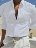 Men's striped cardigan lapel shirt in polyester available in multiple colours with long sleeves