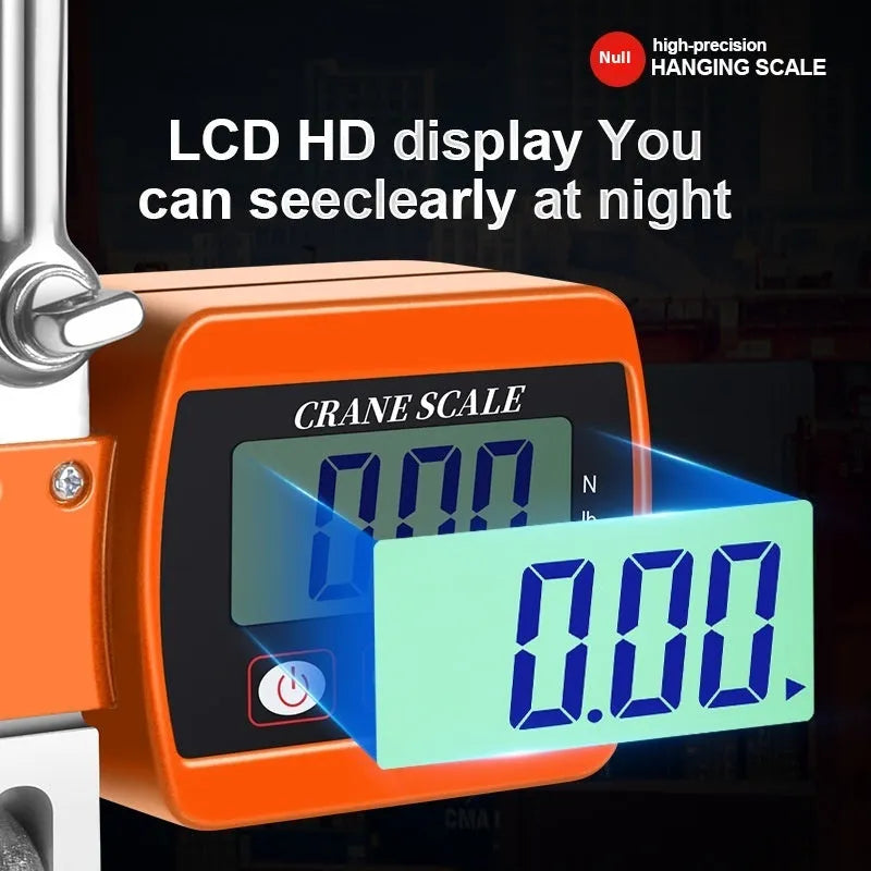 Electronic hook scale digital display showing weight measurement with metal hook