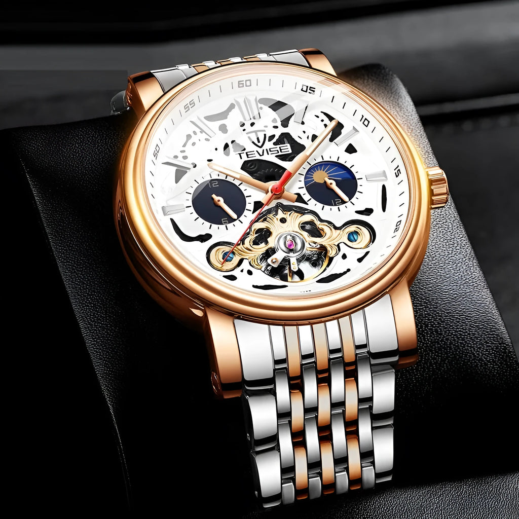Men's black mechanical watch with skeleton dial showing tourbillon, luminous hands, on a leather strap.