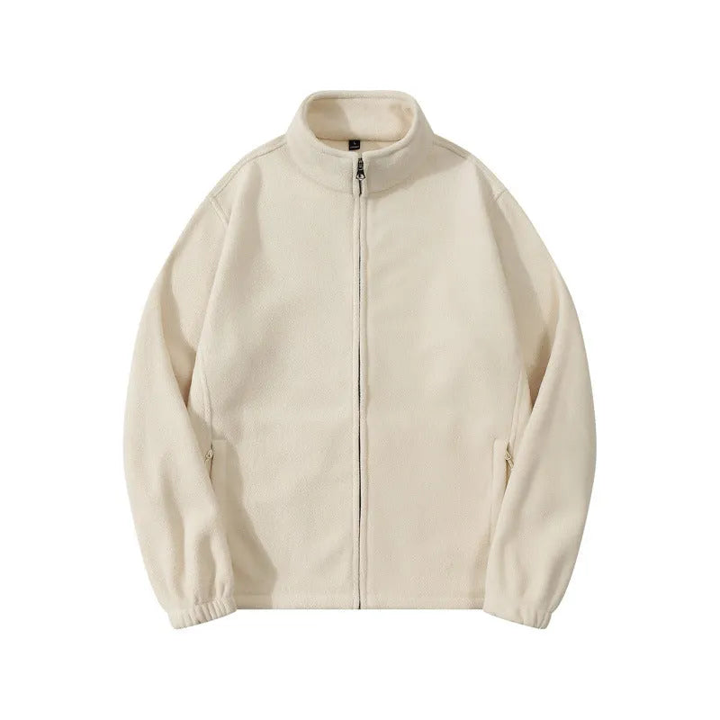 Men's double-sided polar fleece stand-up collar zipper sweatshirt in beige, loose cardigan style with patch pocket