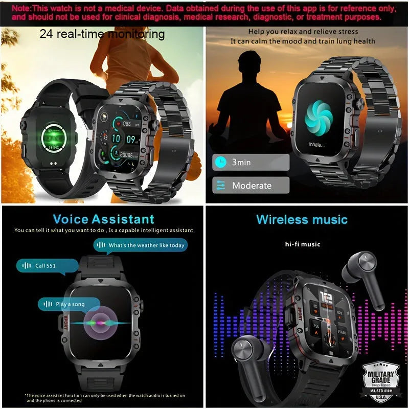 Sports outdoor Bluetooth calling watch with TFT screen, black silicone strap, showing heart rate monitoring display