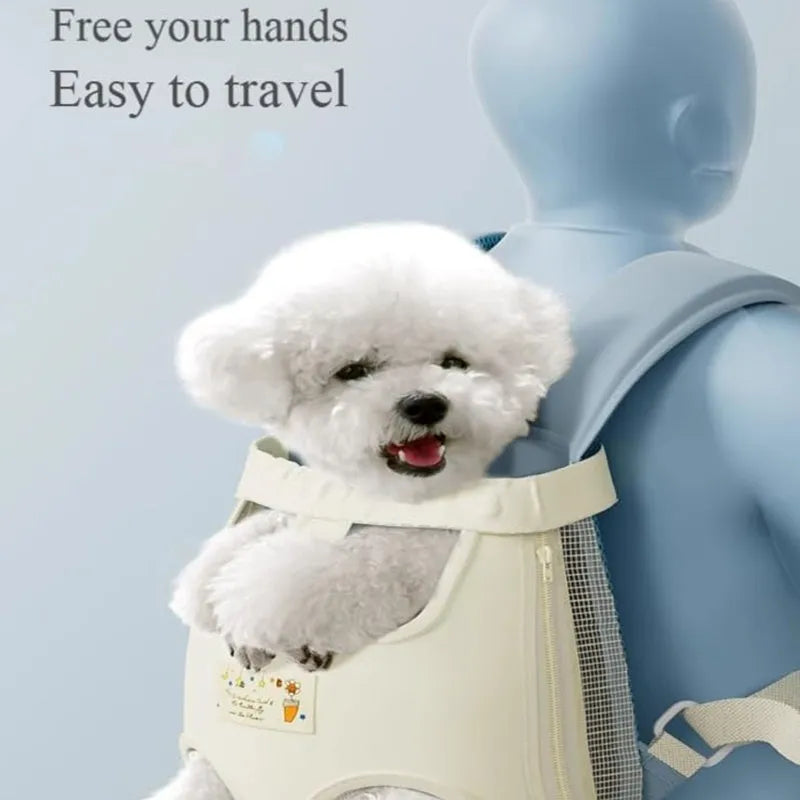 Breathable dog carrier backpack in blue with adjustable straps, suited for small pets up to 15 pounds