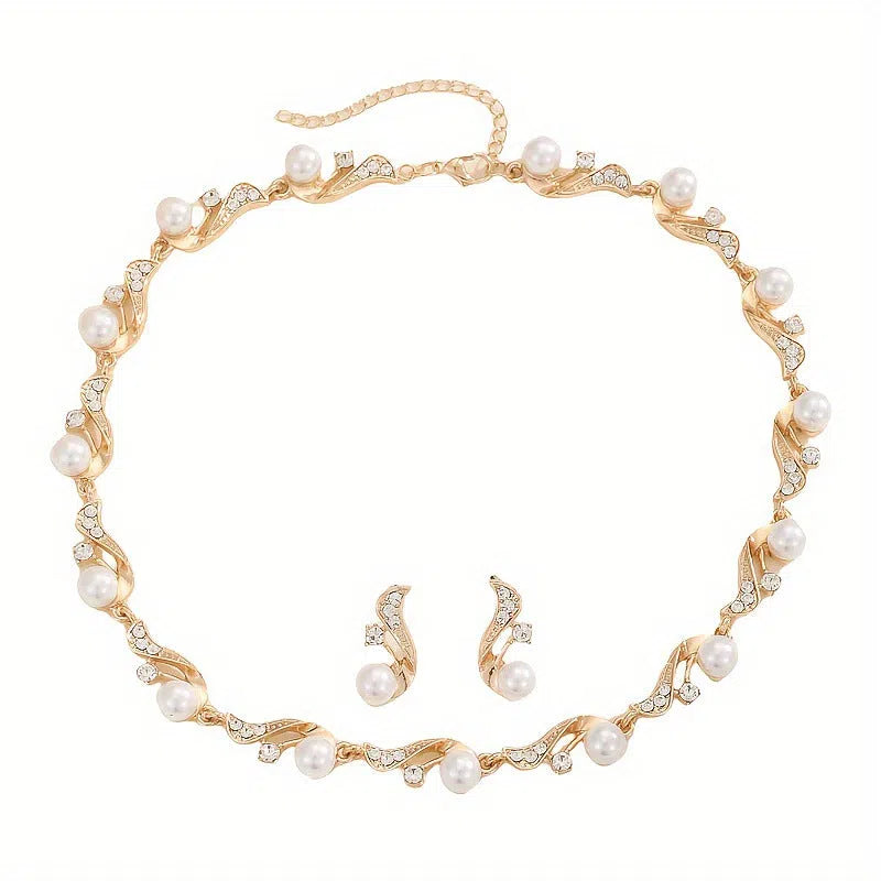 Women's bohemian irregular pearl earrings and necklace set in gold alloy electroplated finish