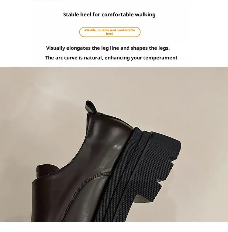 Women's chunky heel shoes with square heel and cross strap in British style, black microfiber upper, round toe