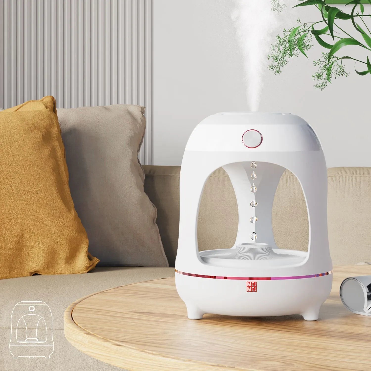 Levitation water drop humidifier with LED night light in rose gold and white colour