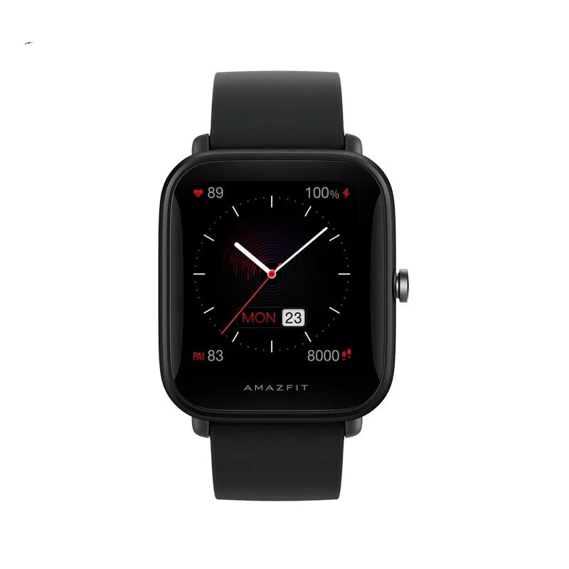 Amazfit smart watch with colour screen on a silicone strap, showing blood oxygen and GPS tracking.