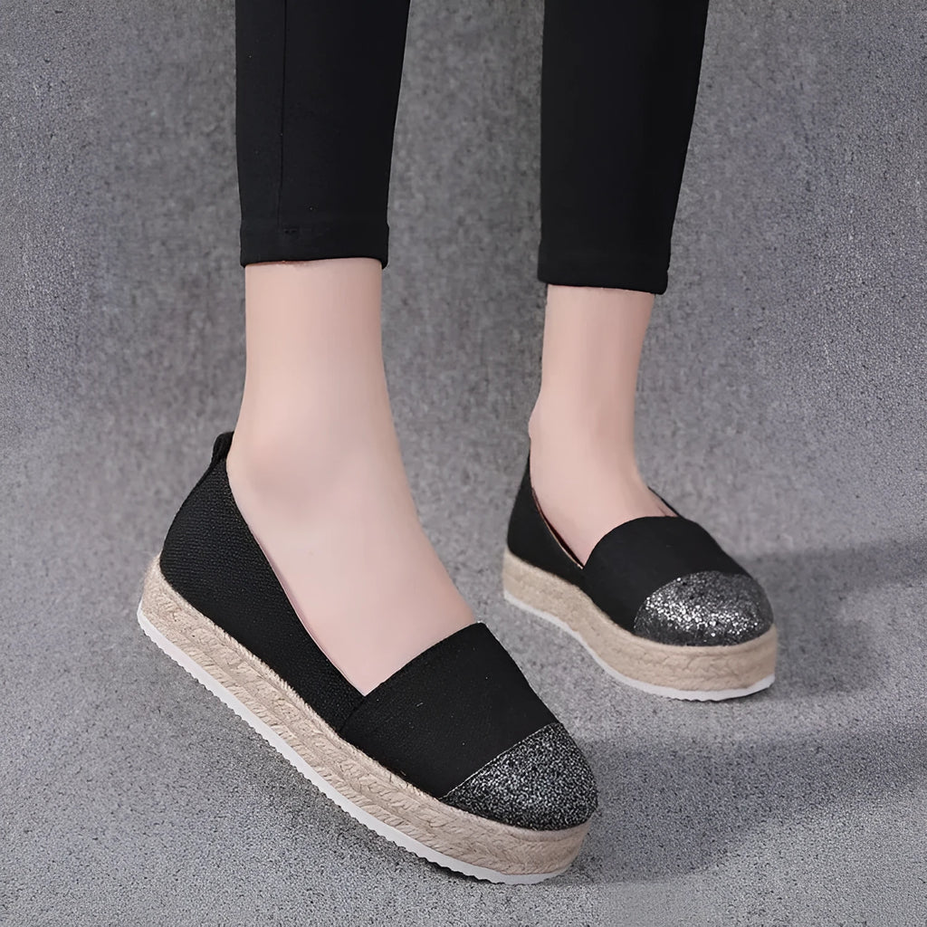 Plus size canvas flat shoes in Black colour with round toe and lace-up design