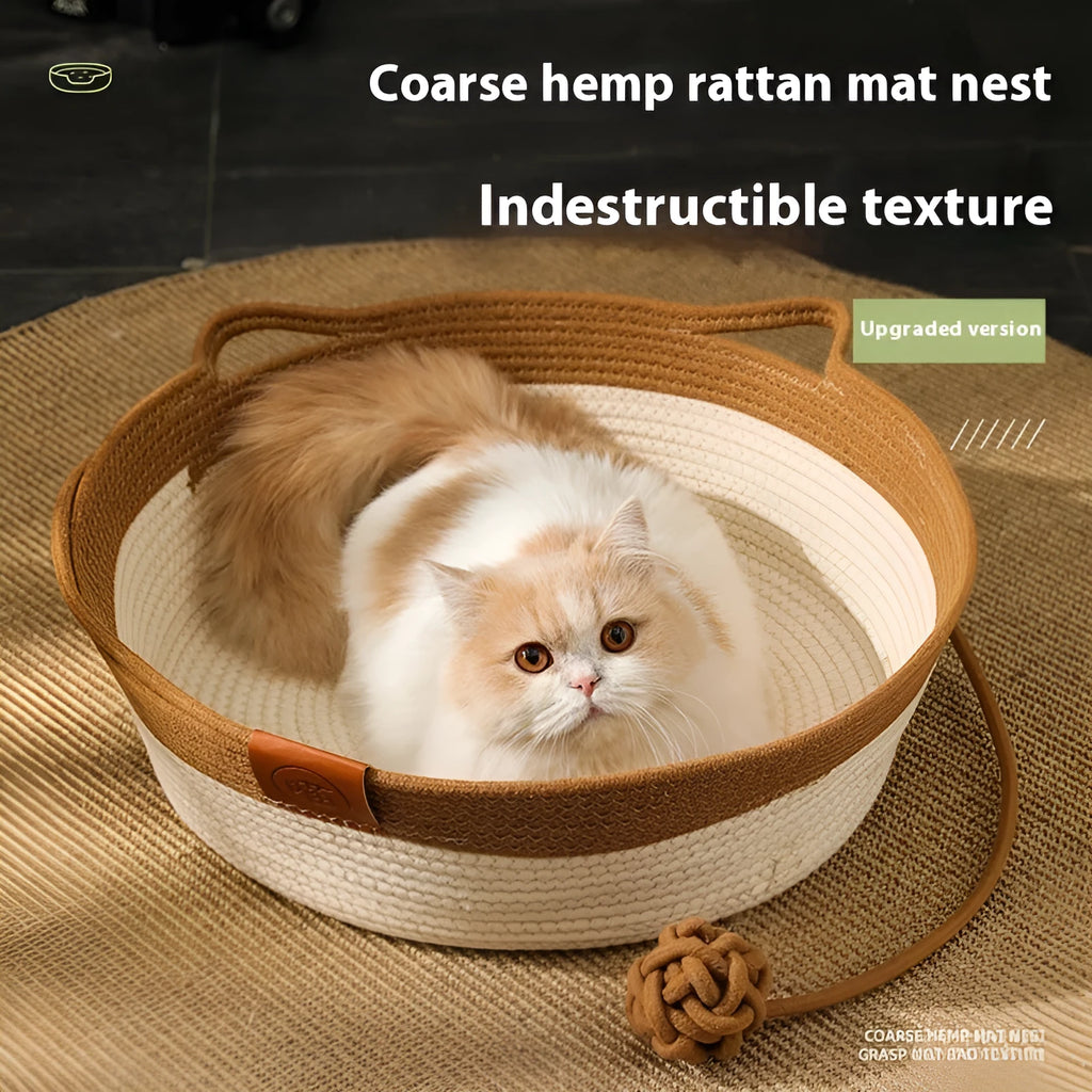 Woven cotton cat nest pet bed in brown, shown with a matching cushion inside.