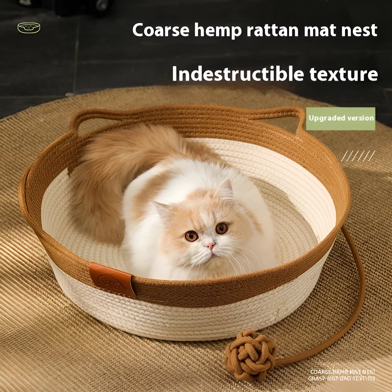 Woven cotton cat nest pet bed in brown, shown with a matching cushion inside.