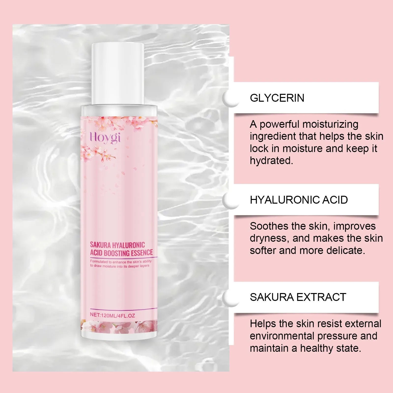 Hyaluronic acid skin moisturising lotion bottle with cherry blossom extract, 120ml capacity