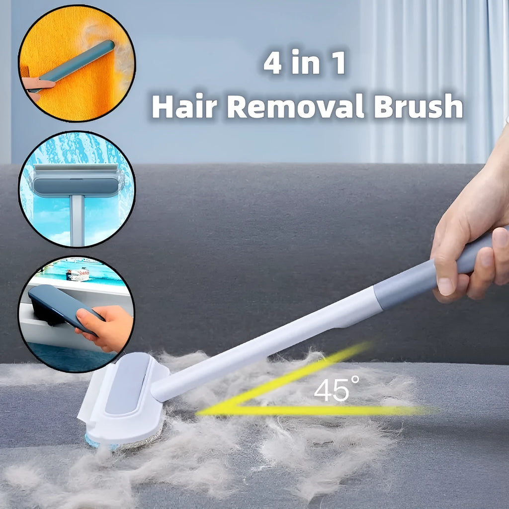 Multifunctional plastic cleaning brush with soft flannel head and extension handle for pet hair and dust.