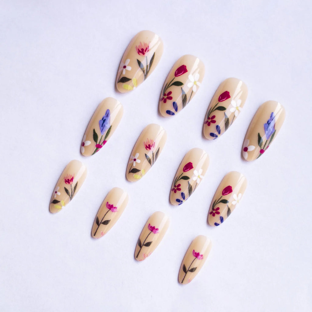 Almond-shaped removable flower nail art set with rose and tulip patterns in solid colour sweet style