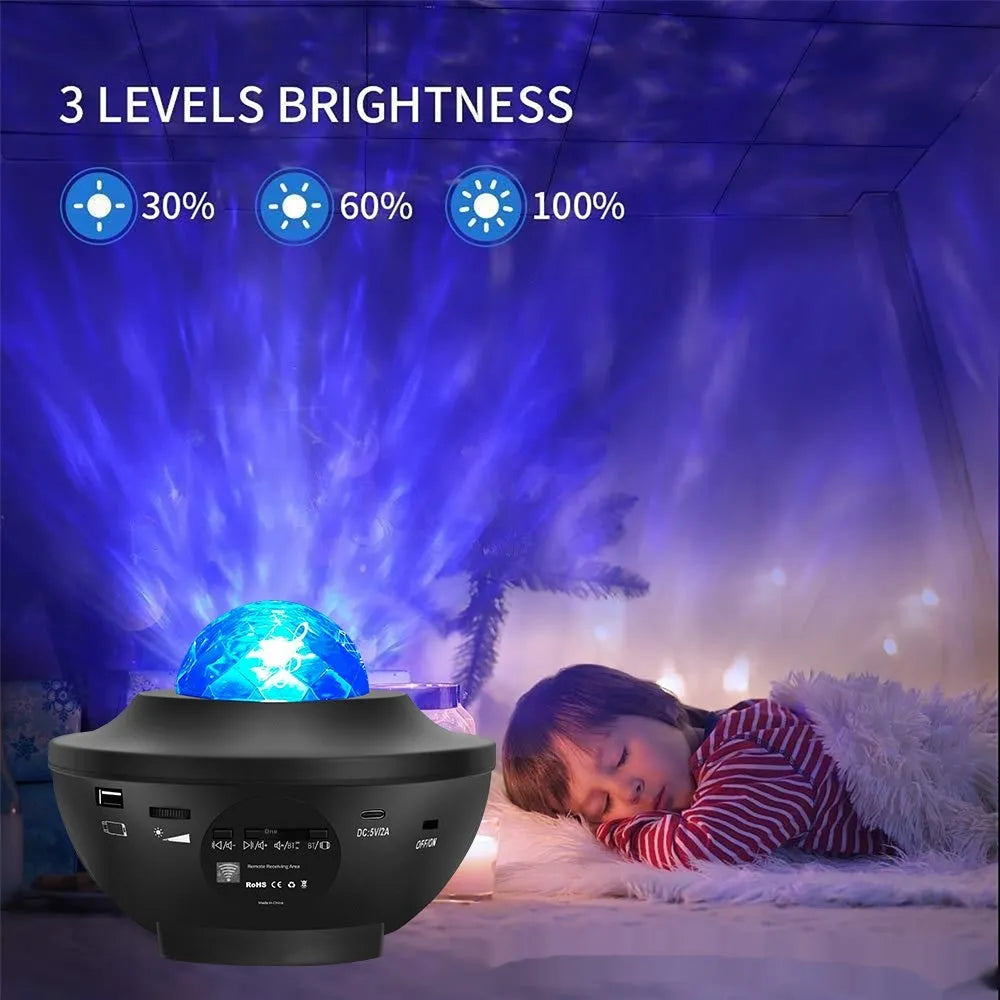 Black parallel style desktop atmosphere lamp projecting starry sky and water ripple laser effects.