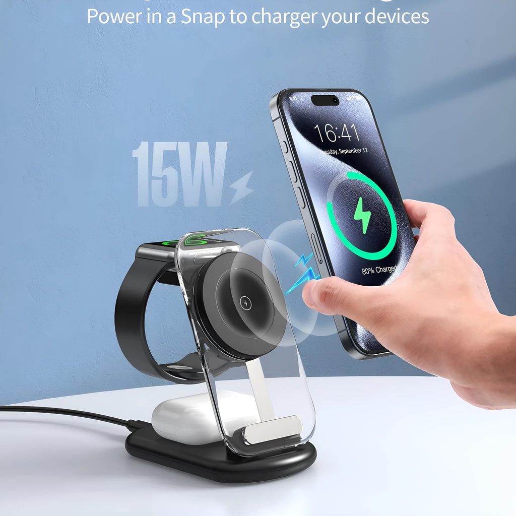 Transparent folding magnetic three-in-one wireless charger for iPhone, Android, AirPods.
