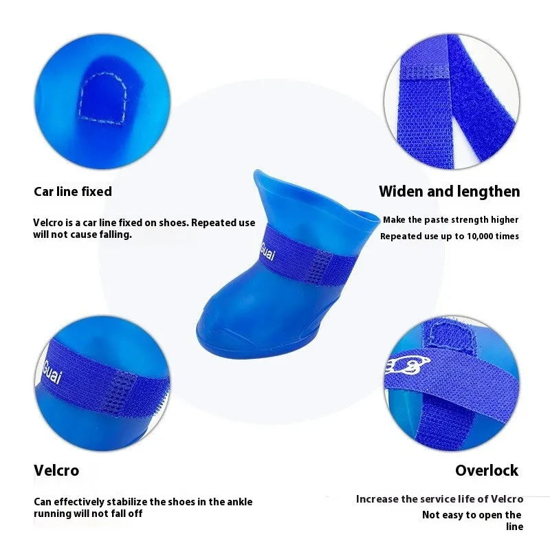 Rubber pet rain shoes in multiple colours with soft-soled anti-slip design for waterproof paw protection