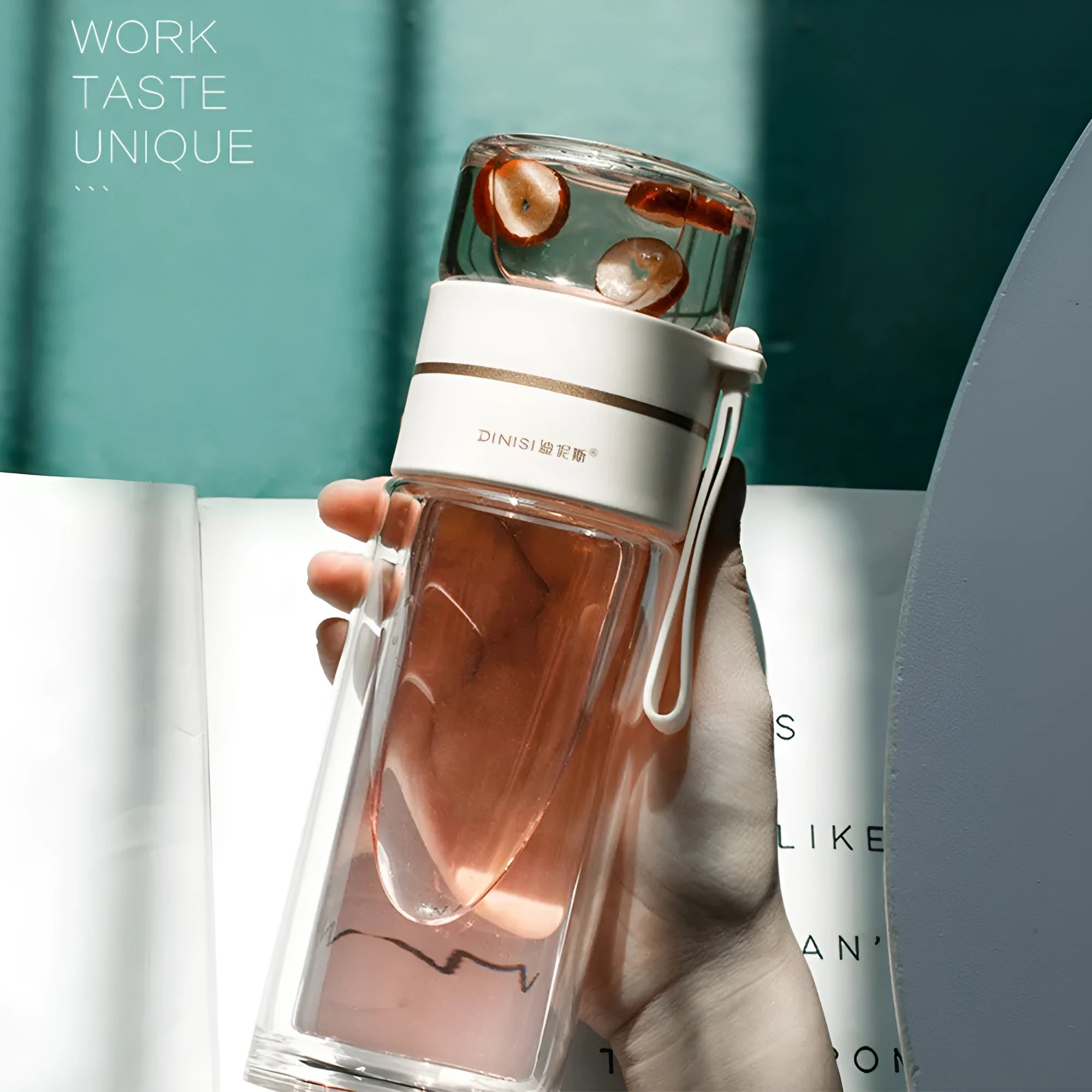 Double wall glass water bottle with tea infuser filter in green 400ml, portable rope attached