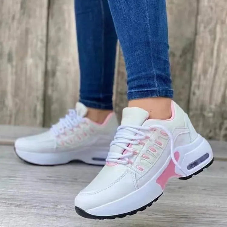 Lace up wedge heel running shoes for women with breathable mesh upper in low heel 1-3 cm round toe design