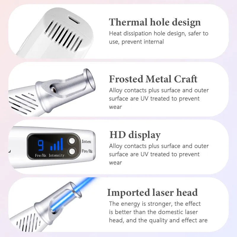 Picosecond laser pen in blue and red colours for tattoo removal and dark spot treatment, with charge cable and safe goggles
