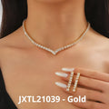 Simple electroplated zircon necklace and earrings set for women in silver with oval and quadrilateral pendant