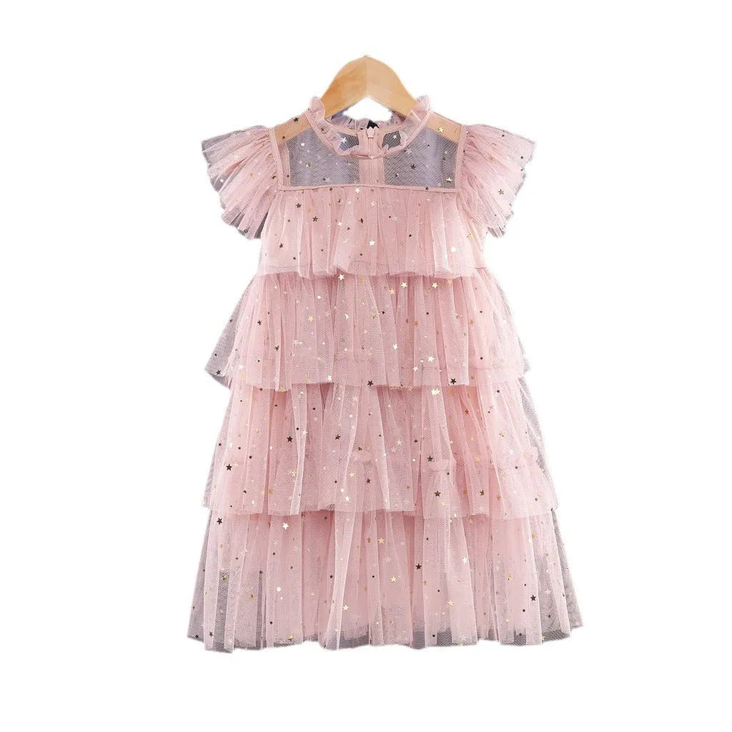 Girls' sleeveless fairy princess dress with star sequins and cake pattern, available in multiple colours and sizes 80-160cm