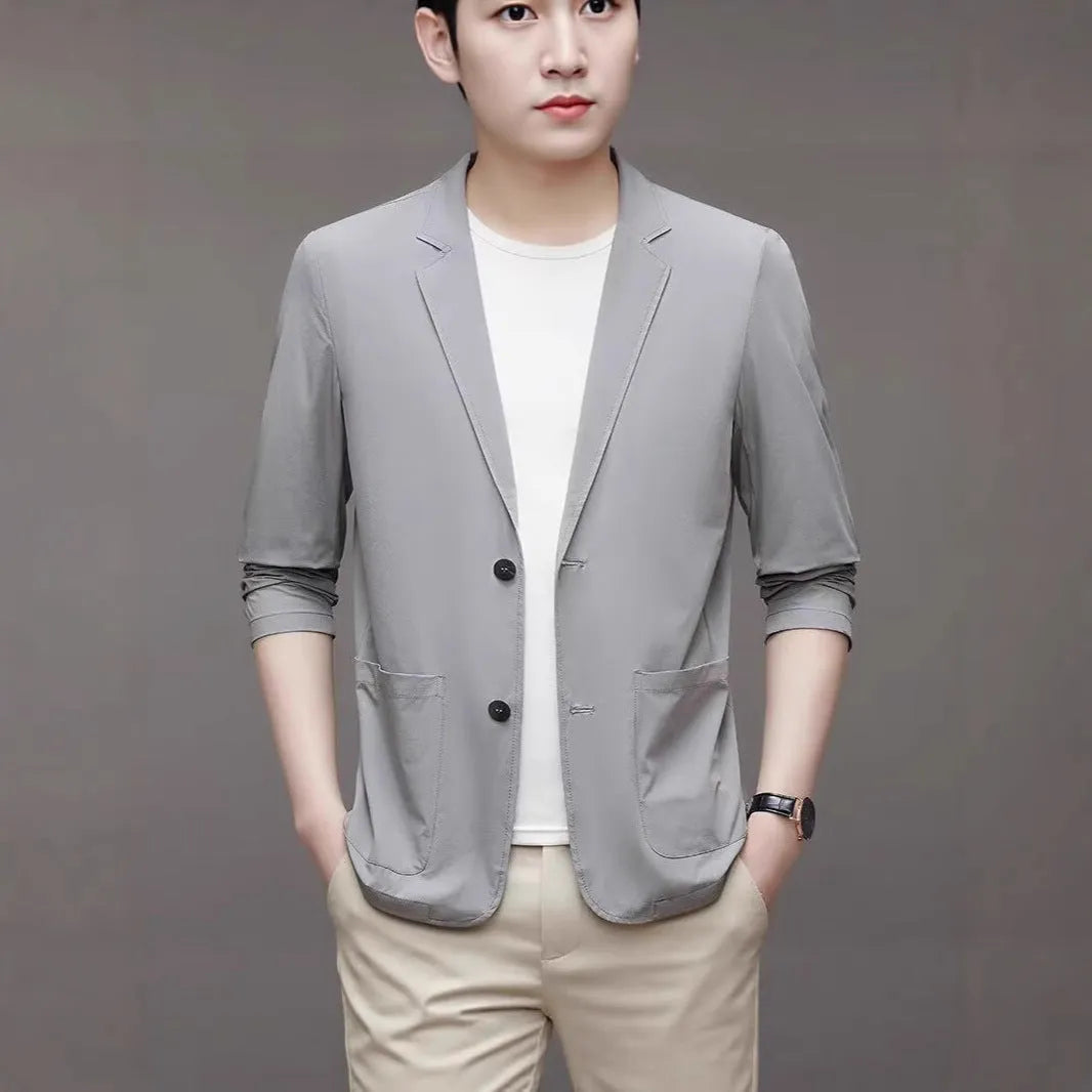 Ice silk men's lightweight casual stretch suit jacket in black with non-iron polyester fabric