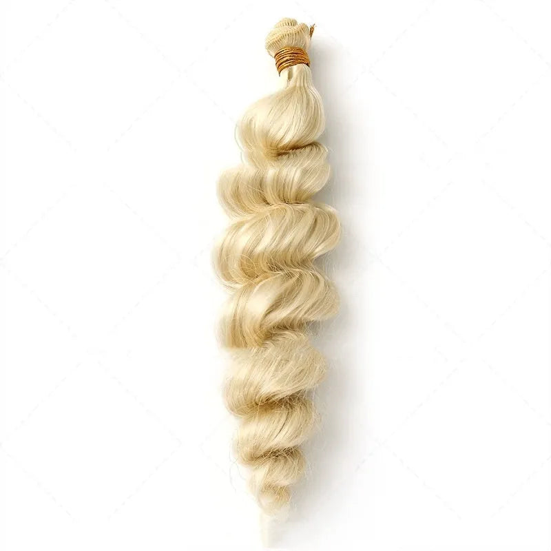 Golden women's wig with wefted chemical fibre construction shown in three length options