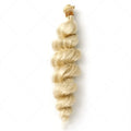 Golden women's wig with wefted chemical fibre construction shown in three length options
