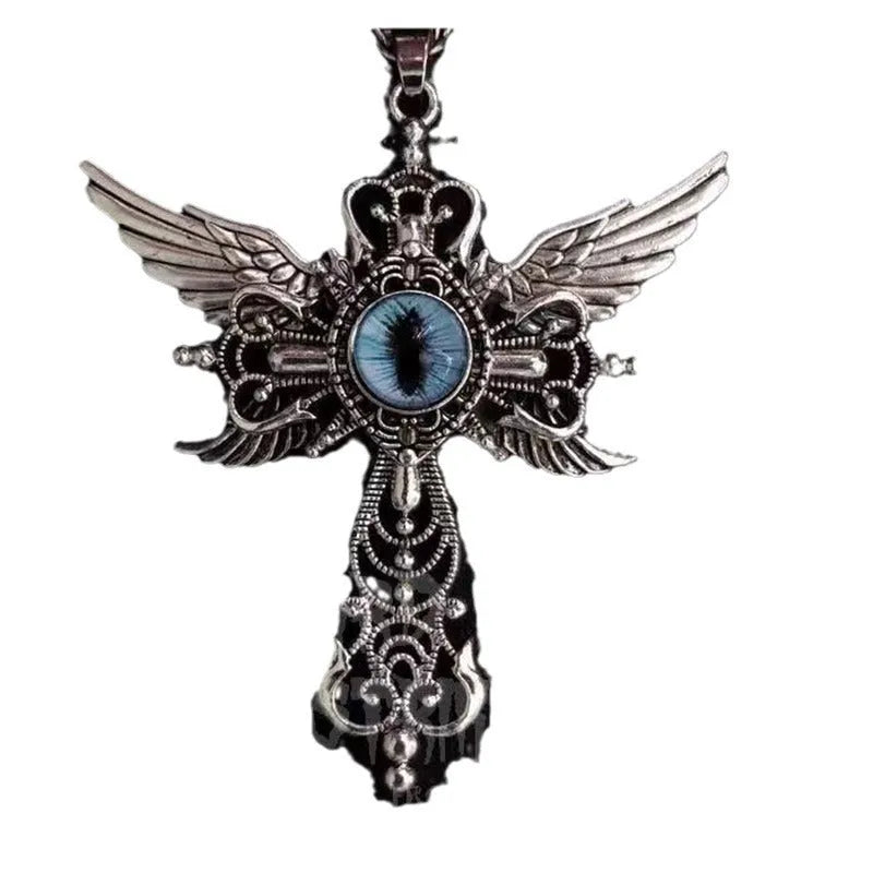 Geometric devil wings and cross pendant necklace in alloy, shown in a choice of blue, green, purple, red, or yellow colour finishes.