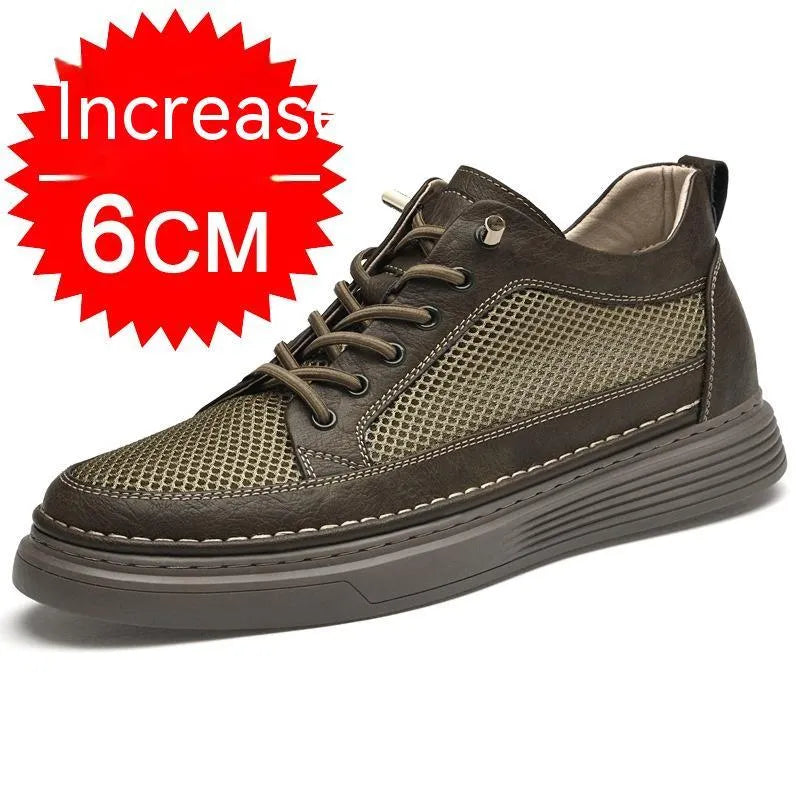 Men's round toe elevator shoes in black with 6cm hidden height increase, two-layer cowhide upper and rubber sole